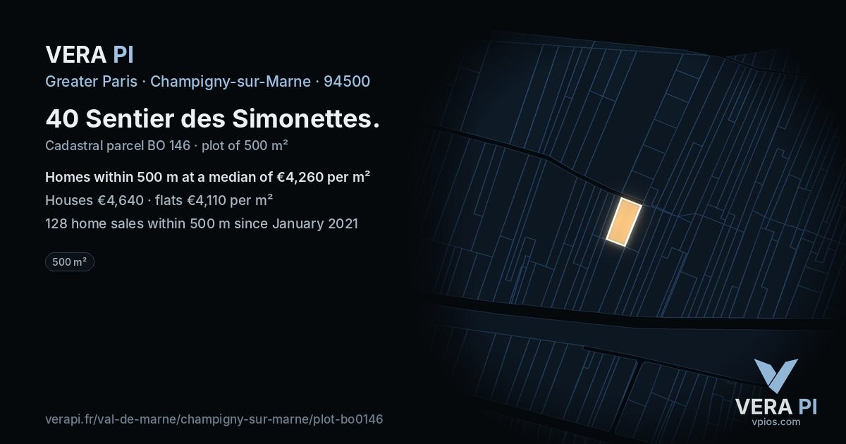 40 Sentier des Simonettes, Champigny-sur-Marne at night – the plot lit, the parcels around coloured by the prices near them