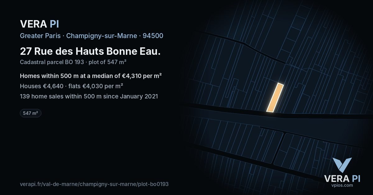 27 Rue des Hauts Bonne Eau, Champigny-sur-Marne at night – the plot lit, the parcels around coloured by the prices near them