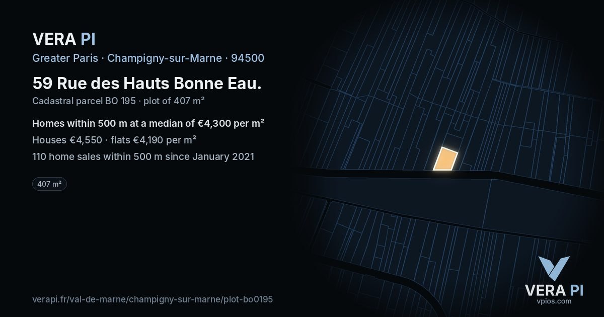 59 Rue des Hauts Bonne Eau, Champigny-sur-Marne at night – the plot lit, the parcels around coloured by the prices near them