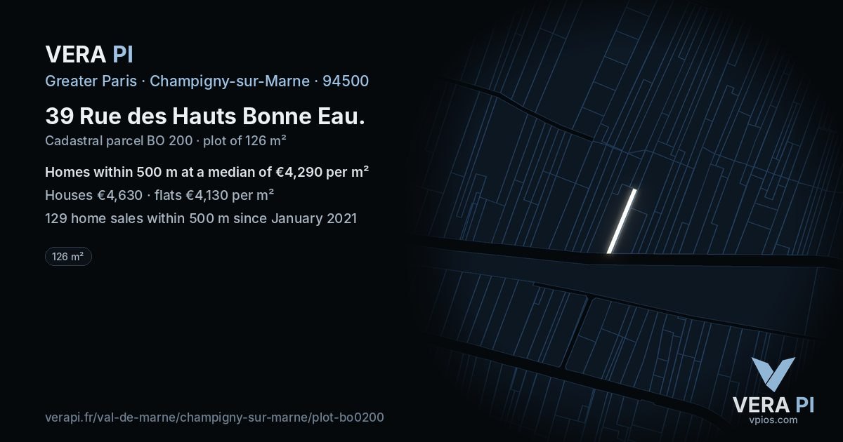 39 Rue des Hauts Bonne Eau, Champigny-sur-Marne at night – the plot lit, the parcels around coloured by the prices near them