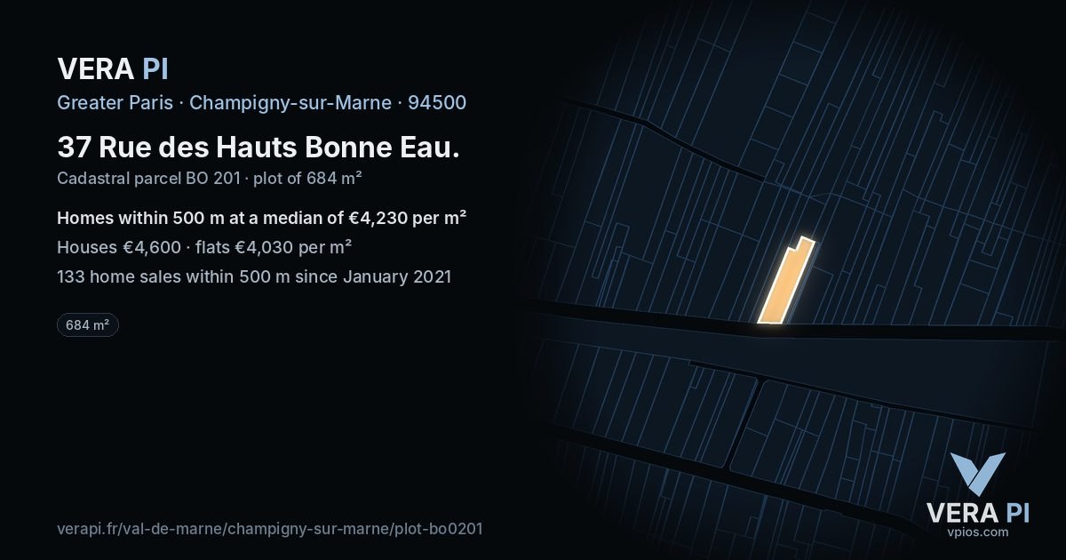 37 Rue des Hauts Bonne Eau, Champigny-sur-Marne at night – the plot lit, the parcels around coloured by the prices near them