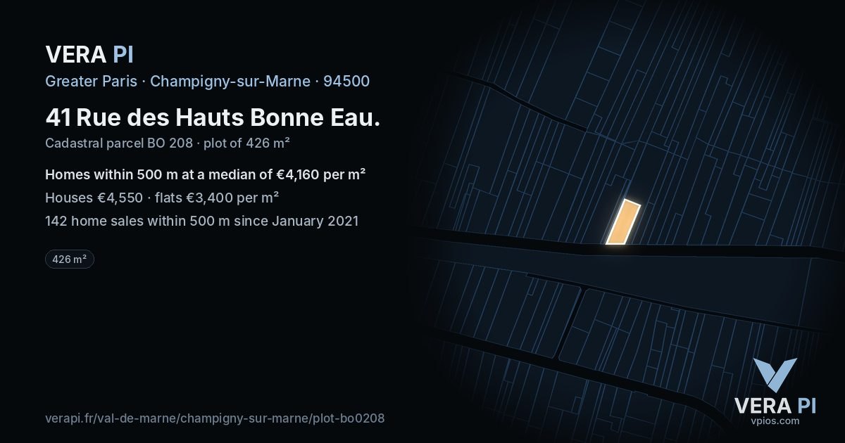 41 Rue des Hauts Bonne Eau, Champigny-sur-Marne at night – the plot lit, the parcels around coloured by the prices near them