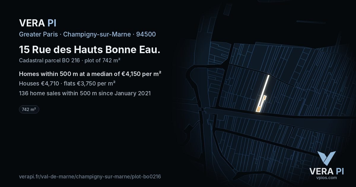15 Rue des Hauts Bonne Eau, Champigny-sur-Marne at night – the plot lit, the parcels around coloured by the prices near them