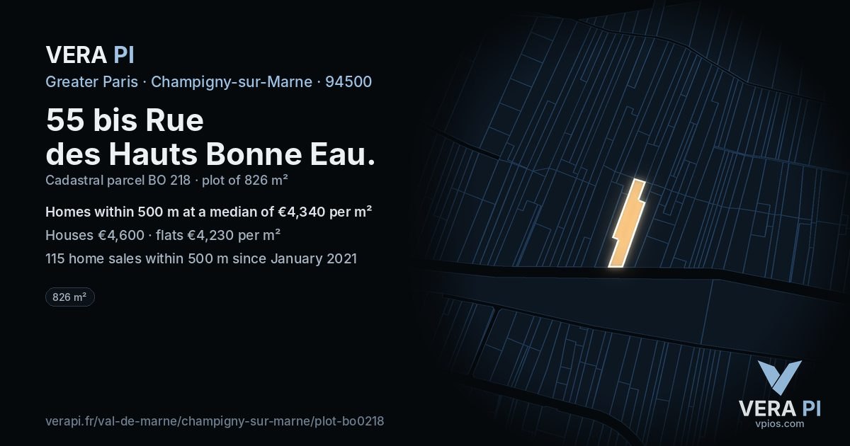 55 bis Rue des Hauts Bonne Eau, Champigny-sur-Marne at night – the plot lit, the parcels around coloured by the prices near them