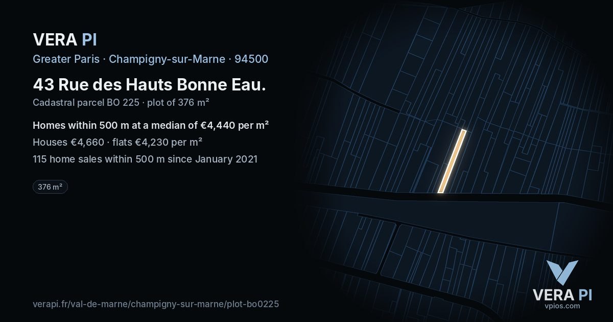43 Rue des Hauts Bonne Eau, Champigny-sur-Marne at night – the plot lit, the parcels around coloured by the prices near them