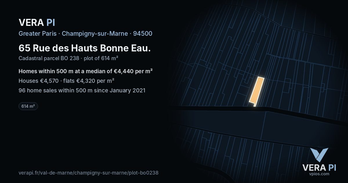 65 Rue des Hauts Bonne Eau, Champigny-sur-Marne at night – the plot lit, the parcels around coloured by the prices near them