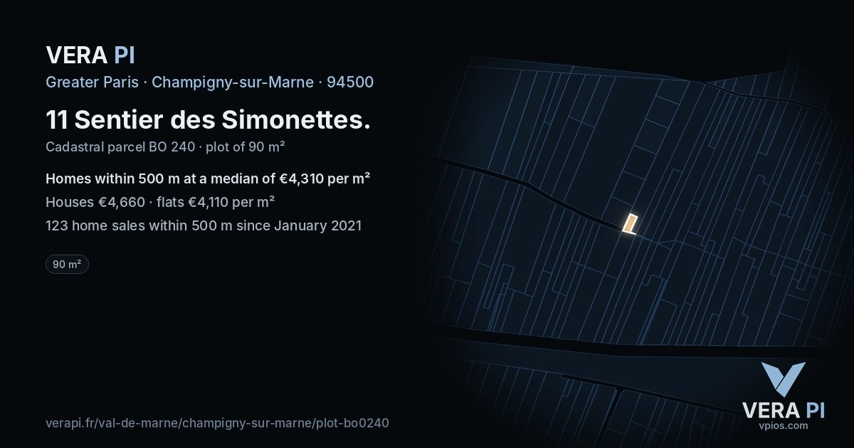11 Sentier des Simonettes, Champigny-sur-Marne at night – the plot lit, the parcels around coloured by the prices near them