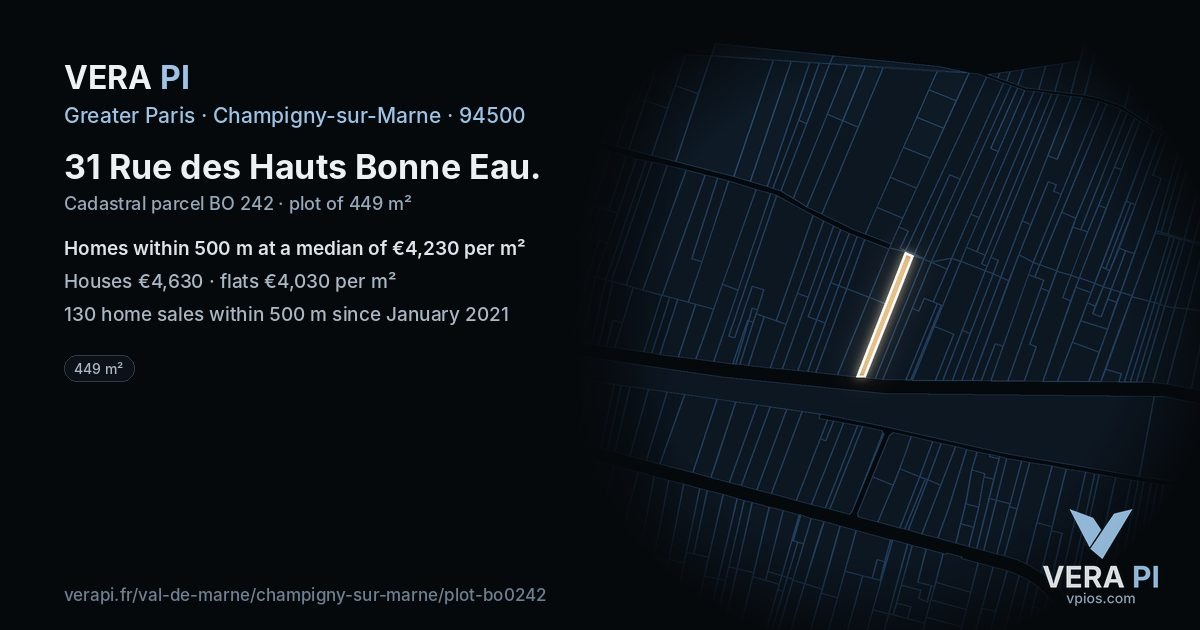 31 Rue des Hauts Bonne Eau, Champigny-sur-Marne at night – the plot lit, the parcels around coloured by the prices near them