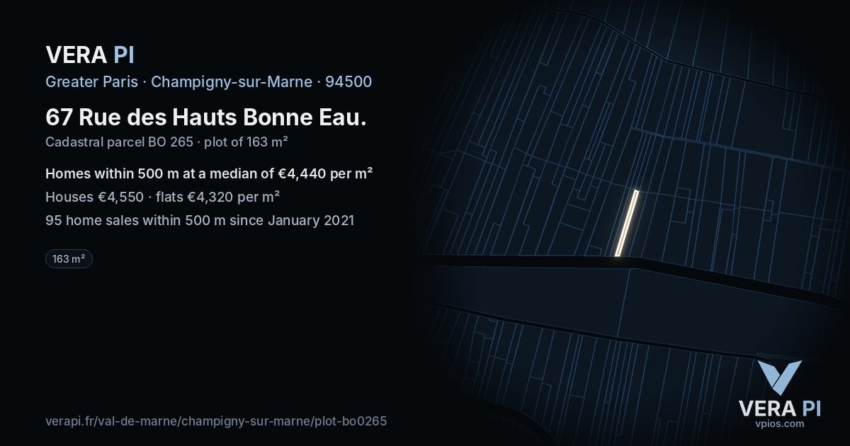 67 Rue des Hauts Bonne Eau, Champigny-sur-Marne at night – the plot lit, the parcels around coloured by the prices near them