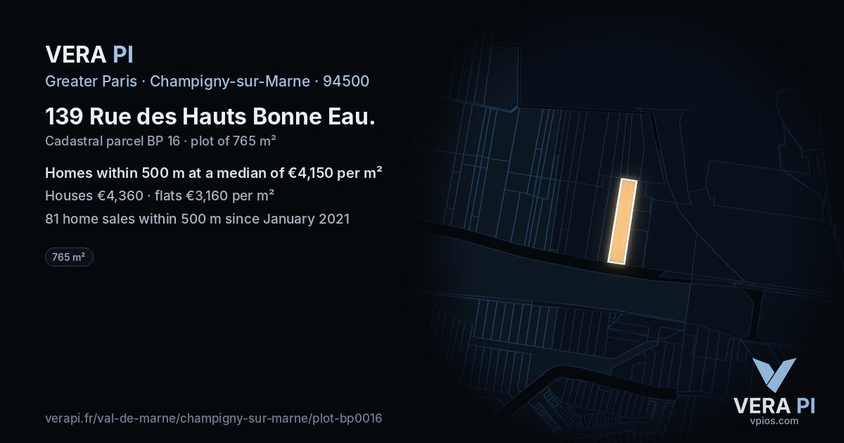 139 Rue des Hauts Bonne Eau, Champigny-sur-Marne at night – the plot lit, the parcels around coloured by the prices near them