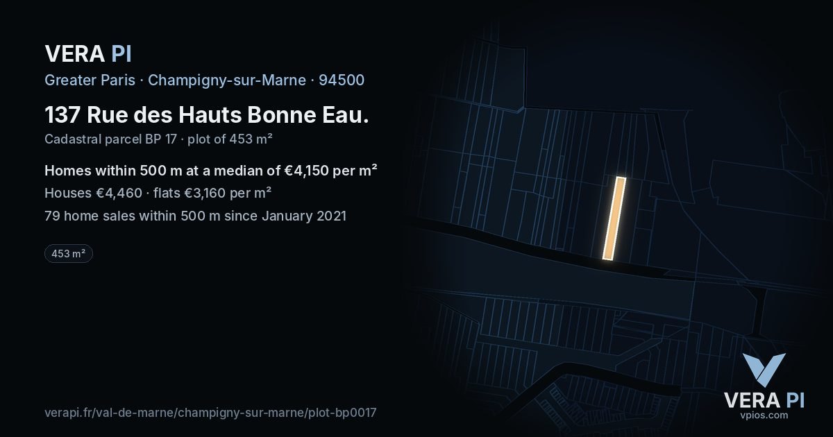 137 Rue des Hauts Bonne Eau, Champigny-sur-Marne at night – the plot lit, the parcels around coloured by the prices near them