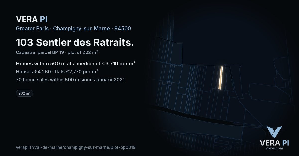 103 Sentier des Ratraits, Champigny-sur-Marne at night – the plot lit, the parcels around coloured by the prices near them
