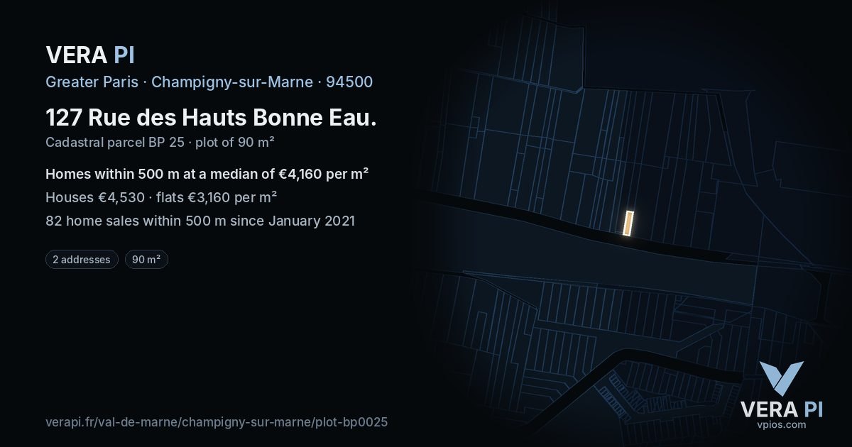 127 Rue des Hauts Bonne Eau, Champigny-sur-Marne at night – the plot lit, the parcels around coloured by the prices near them
