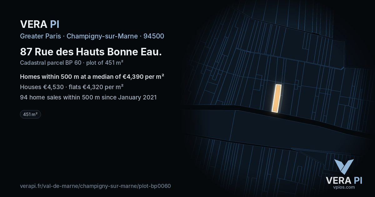 87 Rue des Hauts Bonne Eau, Champigny-sur-Marne at night – the plot lit, the parcels around coloured by the prices near them