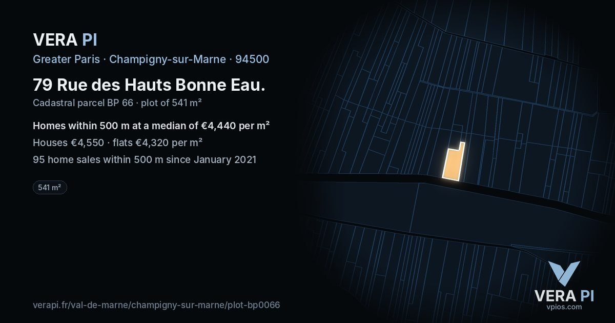 79 Rue des Hauts Bonne Eau, Champigny-sur-Marne at night – the plot lit, the parcels around coloured by the prices near them