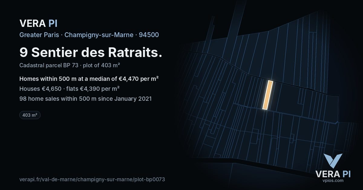 9 Sentier des Ratraits, Champigny-sur-Marne at night – the plot lit, the parcels around coloured by the prices near them
