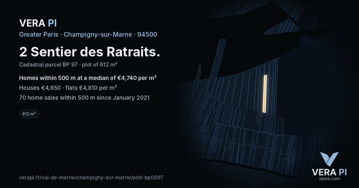 2 Sentier des Ratraits, Champigny-sur-Marne at night – the plot lit, the parcels around coloured by the prices near them