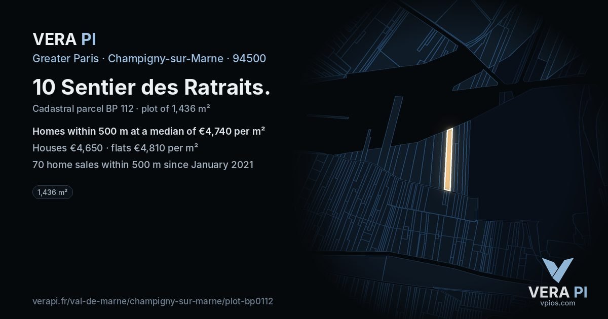 10 Sentier des Ratraits, Champigny-sur-Marne at night – the plot lit, the parcels around coloured by the prices near them