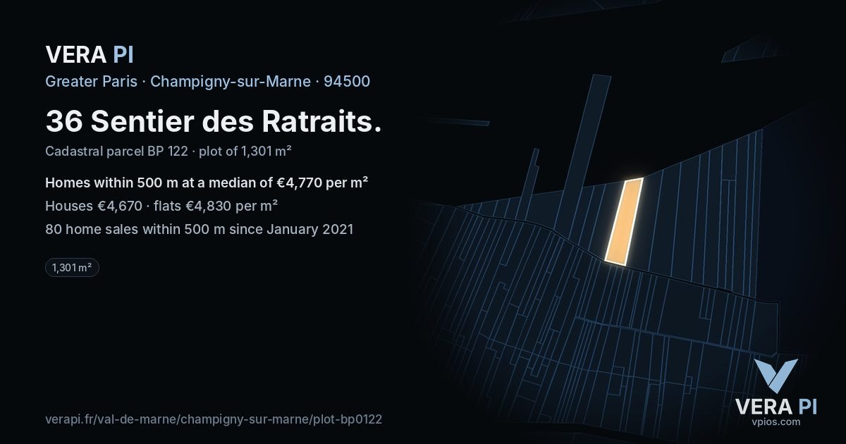 36 Sentier des Ratraits, Champigny-sur-Marne at night – the plot lit, the parcels around coloured by the prices near them