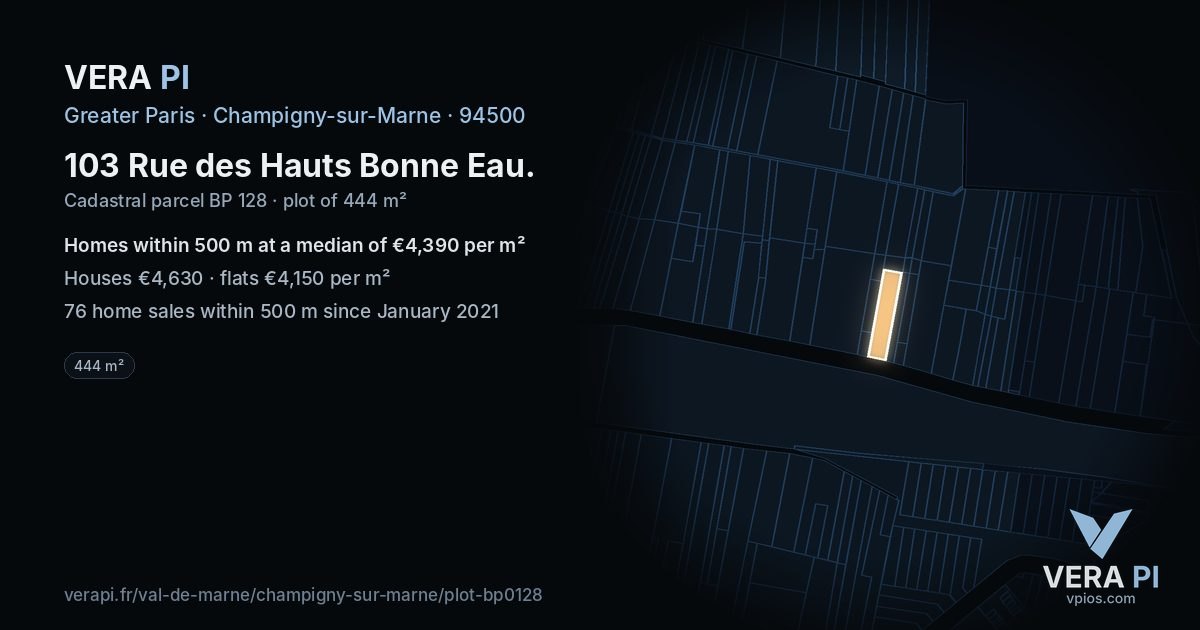 103 Rue des Hauts Bonne Eau, Champigny-sur-Marne at night – the plot lit, the parcels around coloured by the prices near them