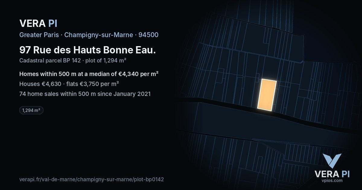 97 Rue des Hauts Bonne Eau, Champigny-sur-Marne at night – the plot lit, the parcels around coloured by the prices near them