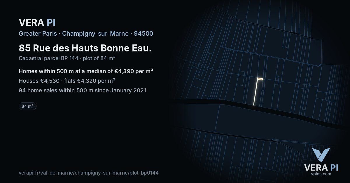 85 Rue des Hauts Bonne Eau, Champigny-sur-Marne at night – the plot lit, the parcels around coloured by the prices near them