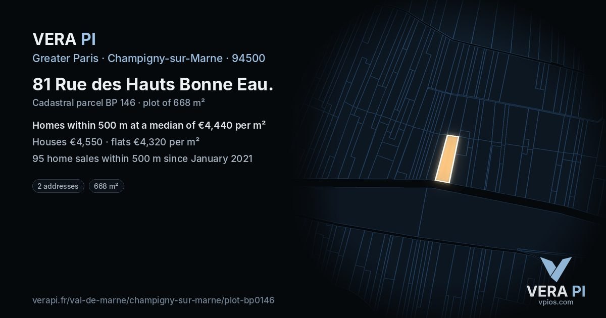 81 Rue des Hauts Bonne Eau, Champigny-sur-Marne at night – the plot lit, the parcels around coloured by the prices near them