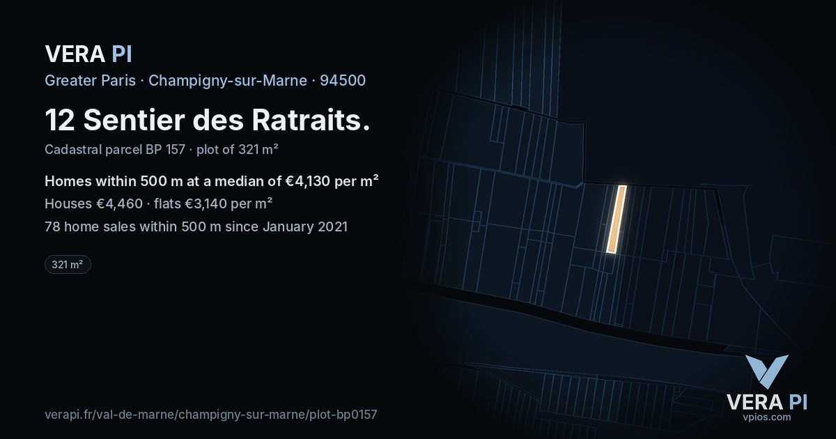 12 Sentier des Ratraits, Champigny-sur-Marne at night – the plot lit, the parcels around coloured by the prices near them