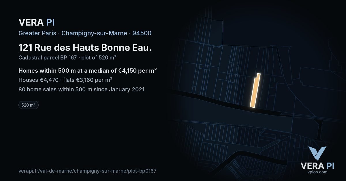 121 Rue des Hauts Bonne Eau, Champigny-sur-Marne at night – the plot lit, the parcels around coloured by the prices near them