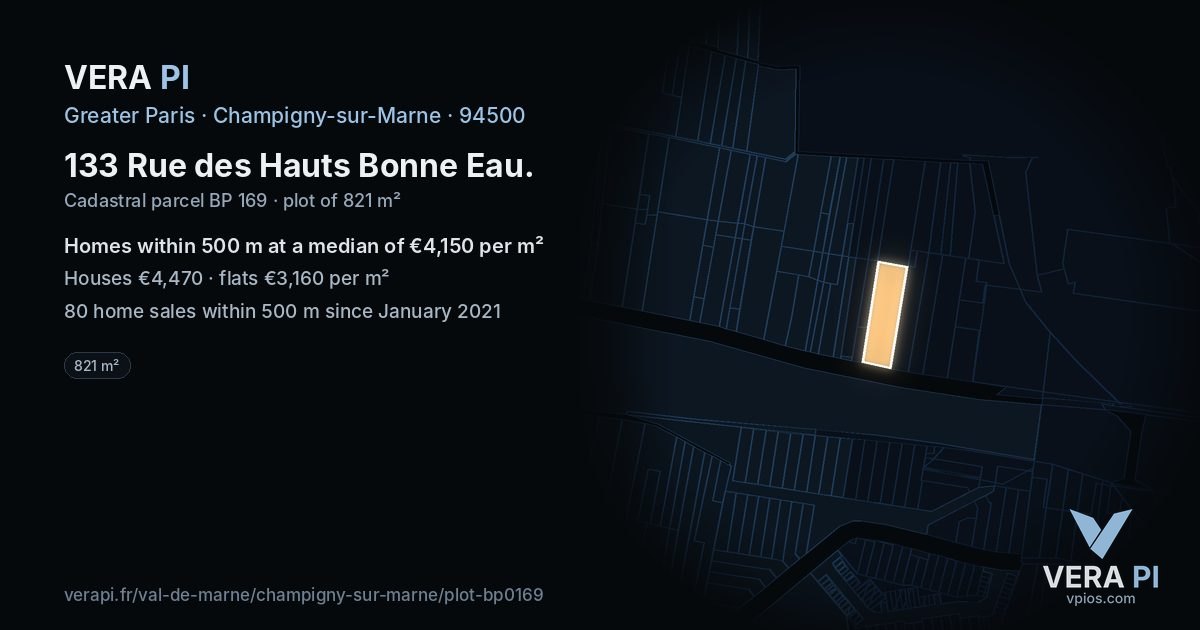 133 Rue des Hauts Bonne Eau, Champigny-sur-Marne at night – the plot lit, the parcels around coloured by the prices near them