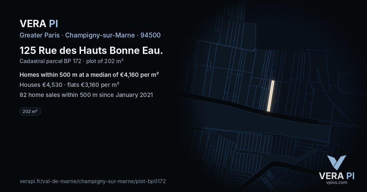 125 Rue des Hauts Bonne Eau, Champigny-sur-Marne at night – the plot lit, the parcels around coloured by the prices near them