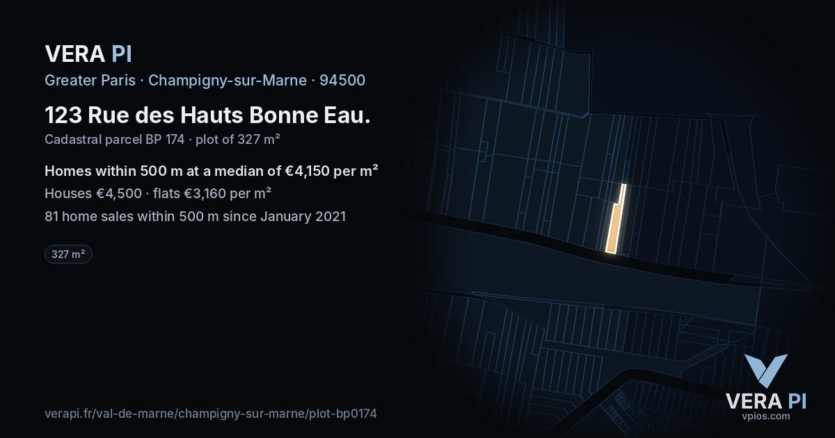 123 Rue des Hauts Bonne Eau, Champigny-sur-Marne at night – the plot lit, the parcels around coloured by the prices near them