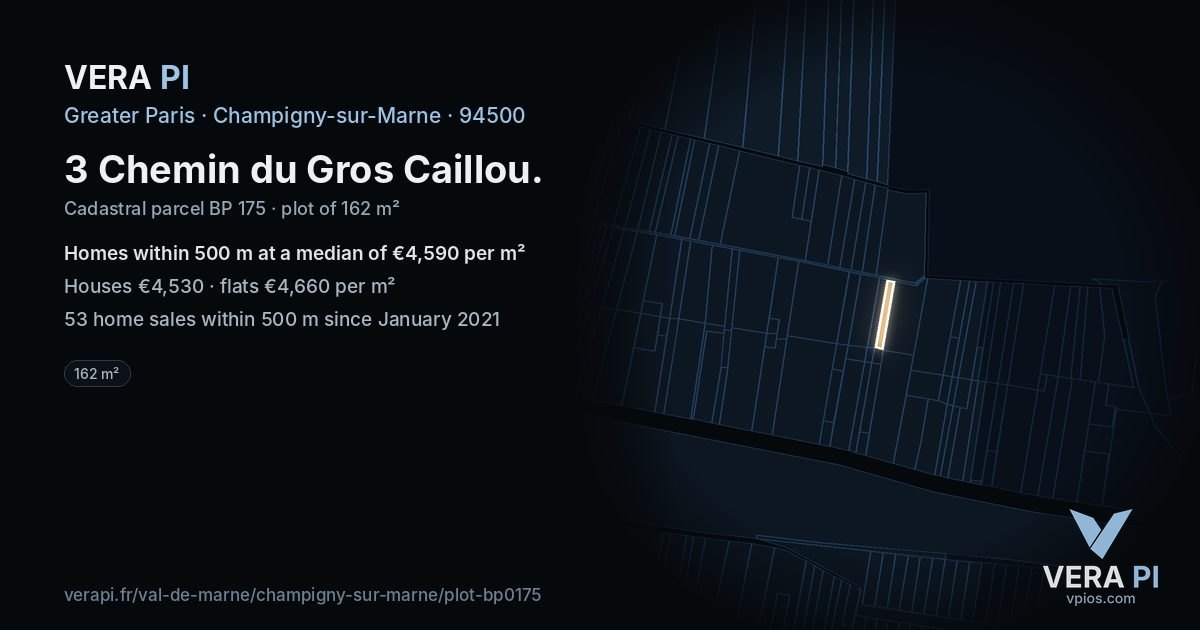 3 Chemin du Gros Caillou, Champigny-sur-Marne at night – the plot lit, the parcels around coloured by the prices near them