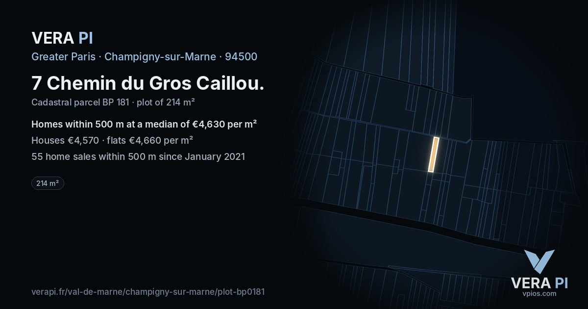7 Chemin du Gros Caillou, Champigny-sur-Marne at night – the plot lit, the parcels around coloured by the prices near them