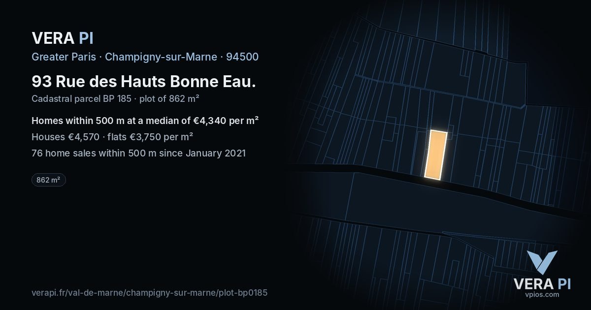 93 Rue des Hauts Bonne Eau, Champigny-sur-Marne at night – the plot lit, the parcels around coloured by the prices near them