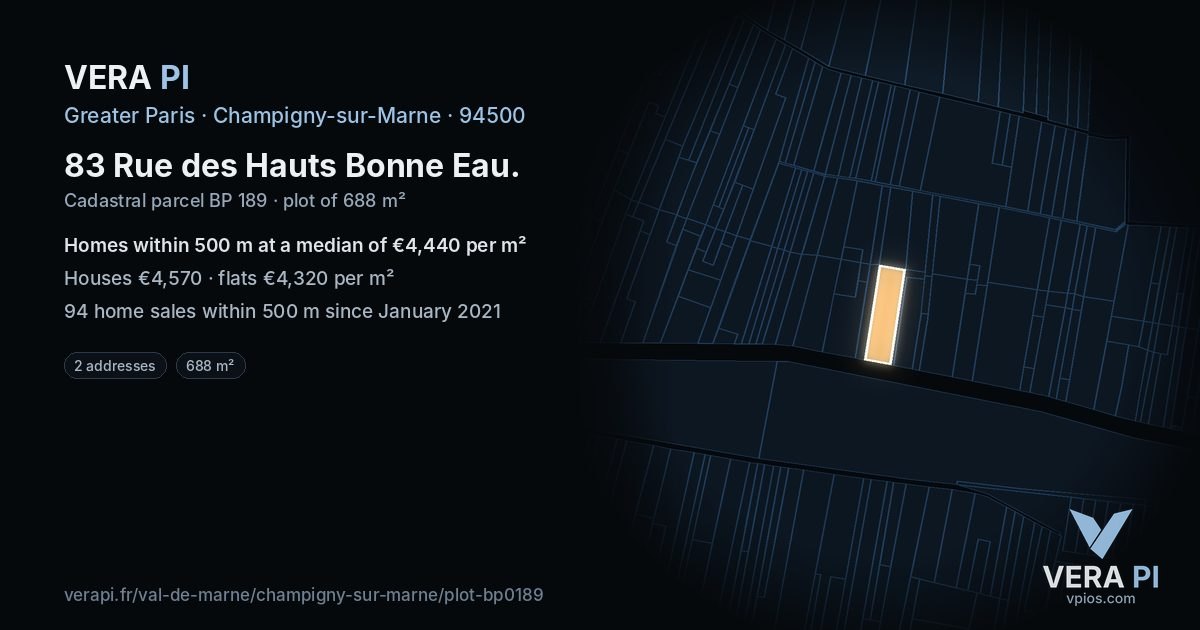 83 Rue des Hauts Bonne Eau, Champigny-sur-Marne at night – the plot lit, the parcels around coloured by the prices near them
