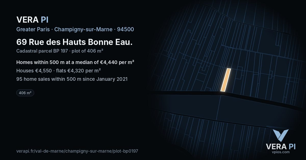 69 Rue des Hauts Bonne Eau, Champigny-sur-Marne at night – the plot lit, the parcels around coloured by the prices near them