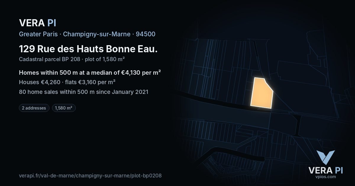 129 Rue des Hauts Bonne Eau, Champigny-sur-Marne at night – the plot lit, the parcels around coloured by the prices near them