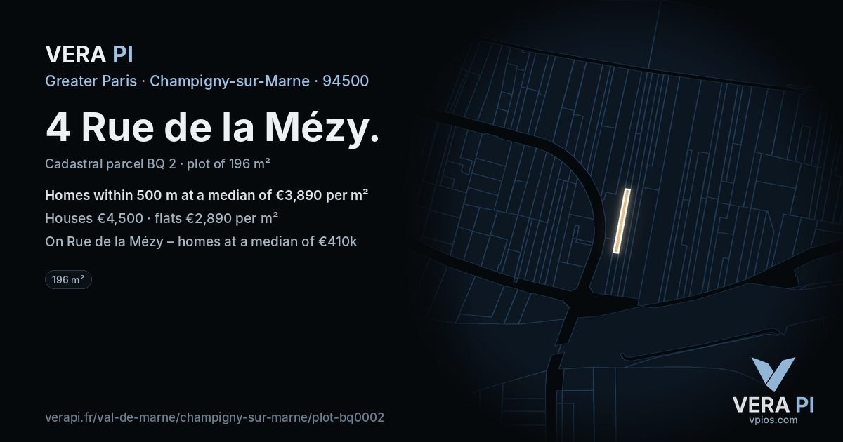 4 Rue de la Mézy, Champigny-sur-Marne at night – the plot lit, the parcels around coloured by the prices near them