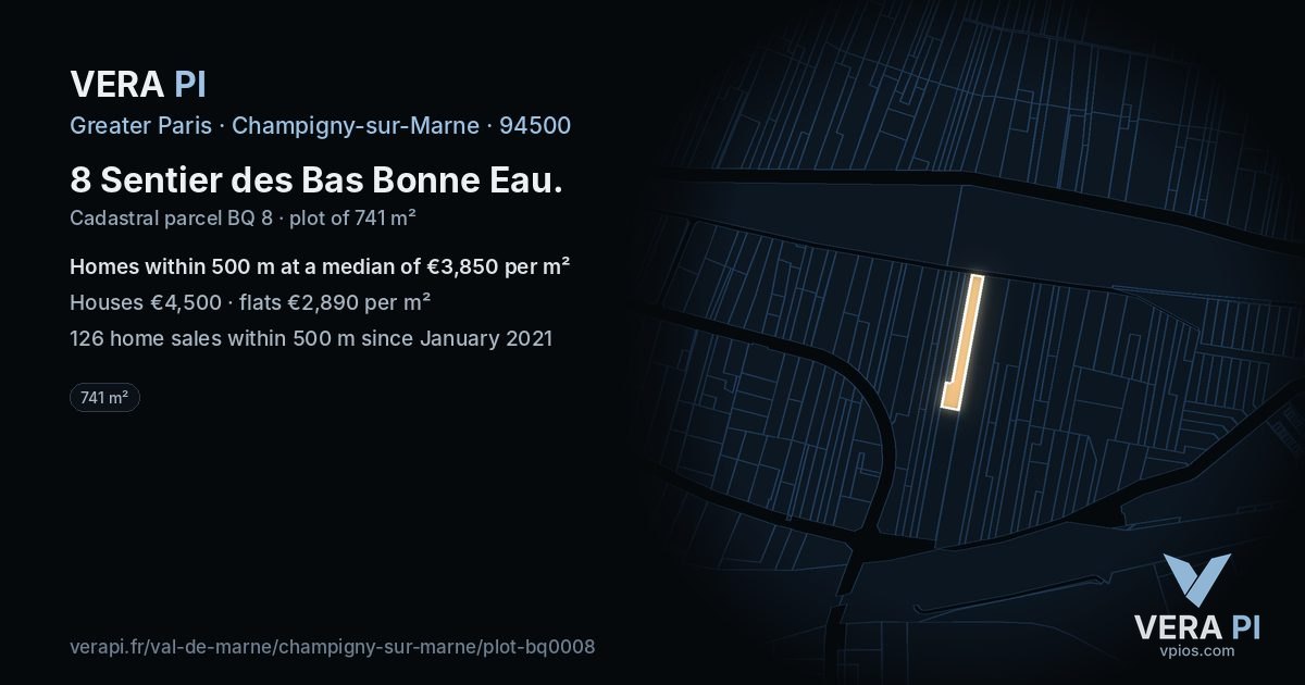 8 Sentier des Bas Bonne Eau, Champigny-sur-Marne at night – the plot lit, the parcels around coloured by the prices near them