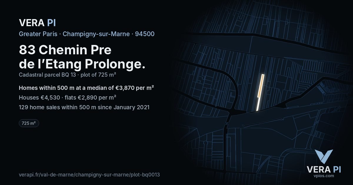 83 Chemin Pre de l’Etang Prolonge, Champigny-sur-Marne at night – the plot lit, the parcels around coloured by the prices near them