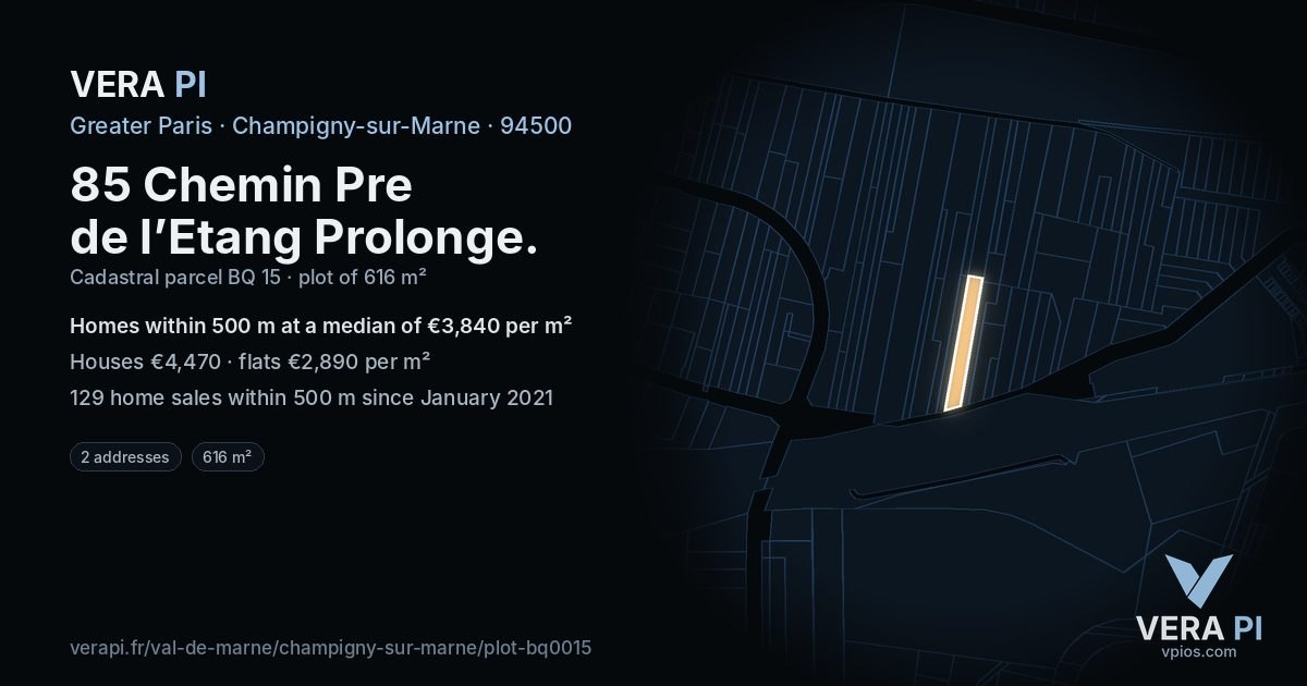 85 Chemin Pre de l’Etang Prolonge, Champigny-sur-Marne at night – the plot lit, the parcels around coloured by the prices near them