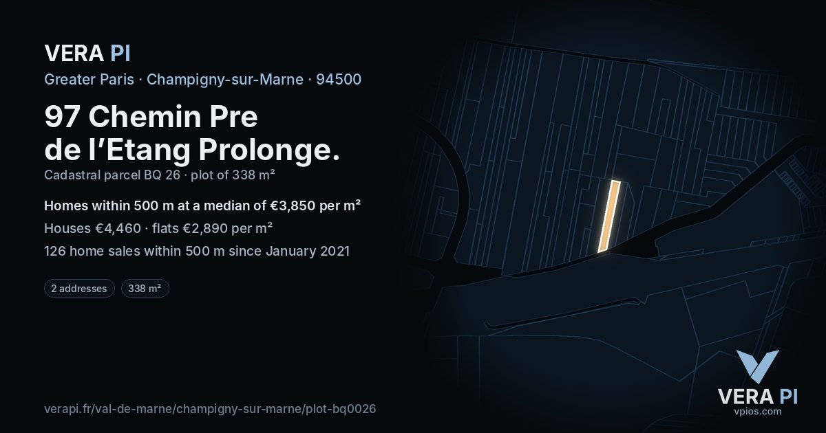 97 Chemin Pre de l’Etang Prolonge, Champigny-sur-Marne at night – the plot lit, the parcels around coloured by the prices near them