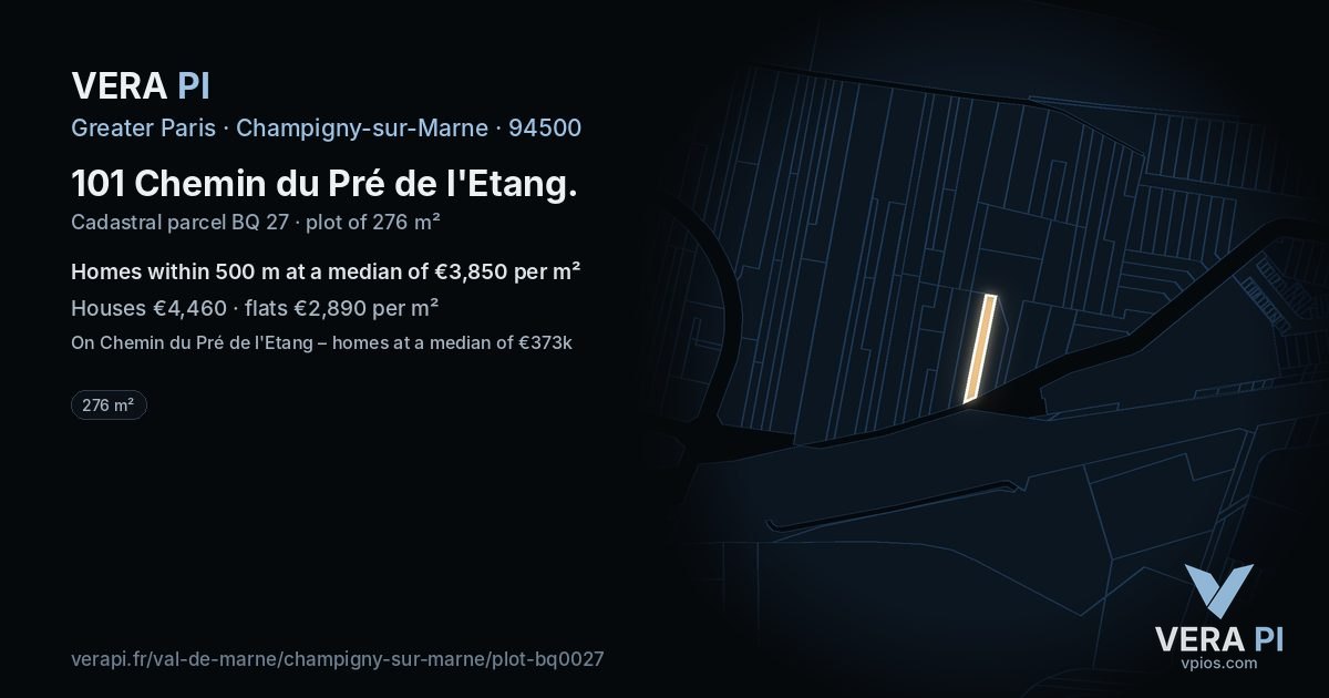 101 Chemin du Pré de l'Etang, Champigny-sur-Marne at night – the plot lit, the parcels around coloured by the prices near them