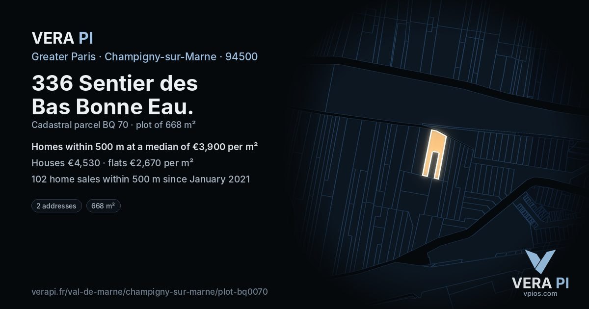 336 Sentier des Bas Bonne Eau, Champigny-sur-Marne at night – the plot lit, the parcels around coloured by the prices near them