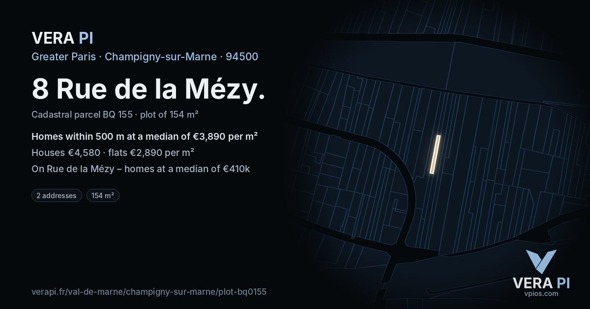 8 Rue de la Mézy, Champigny-sur-Marne at night – the plot lit, the parcels around coloured by the prices near them