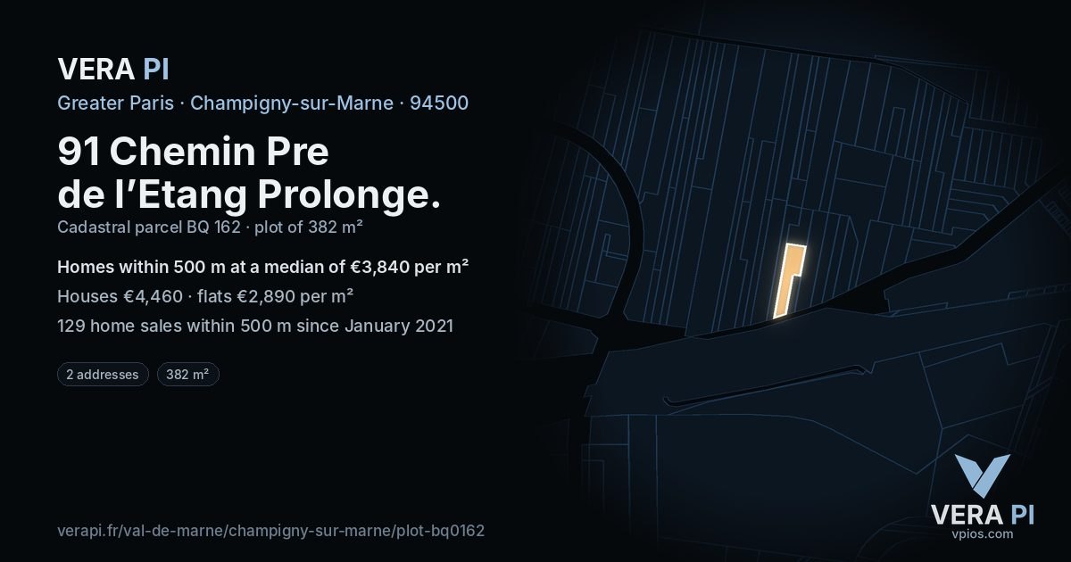 91 Chemin Pre de l’Etang Prolonge, Champigny-sur-Marne at night – the plot lit, the parcels around coloured by the prices near them