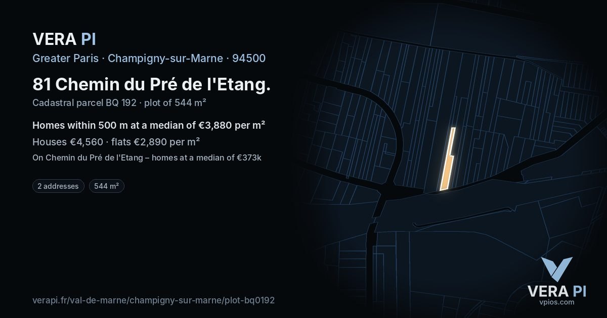 81 Chemin du Pré de l'Etang, Champigny-sur-Marne at night – the plot lit, the parcels around coloured by the prices near them