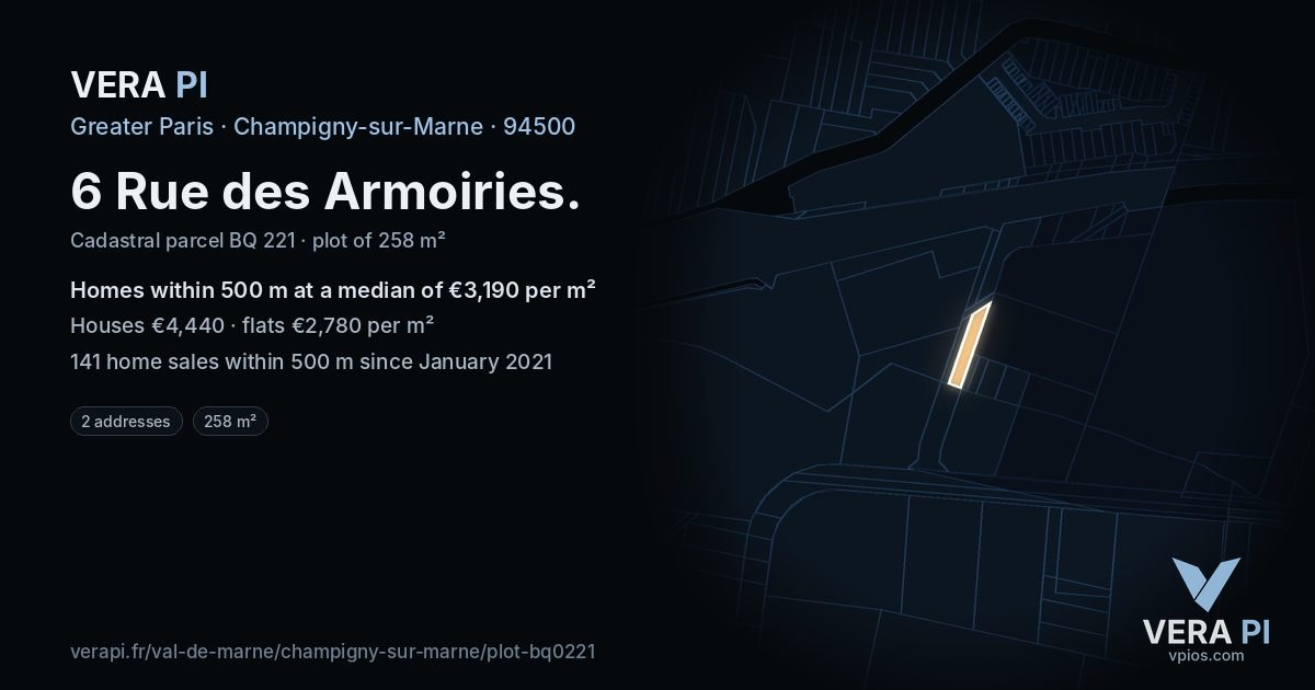6 Rue des Armoiries, Champigny-sur-Marne at night – the plot lit, the parcels around coloured by the prices near them