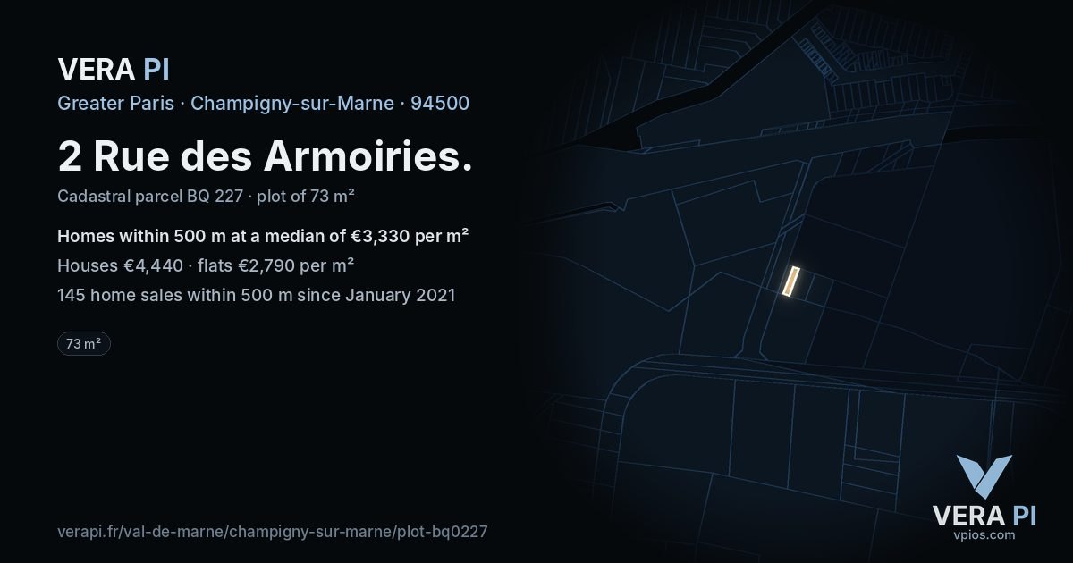 2 Rue des Armoiries, Champigny-sur-Marne at night – the plot lit, the parcels around coloured by the prices near them